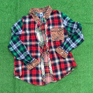 Mixed Plaid Button-Down Shirt with Leopard Trim - Red/Green